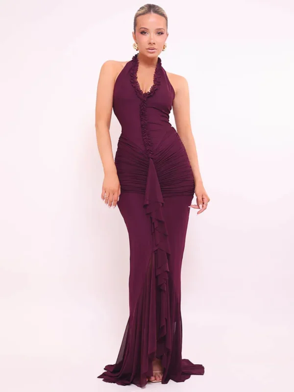 Halter V Neck Ruffle Maxi Dress