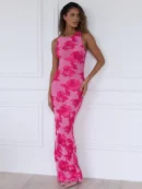 Elegant Floral Print  Maxi Dress For  Embroidered Applique Tank Dress Femme Bodycon