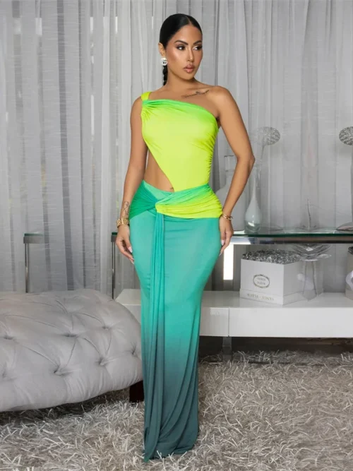 Gradient Print Ruched Bodycon Maxi Dress