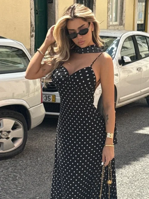 Polka Dot Halter  Maxi Dress  Fashion Spaghetti Strap Sleeveless  Backless A-line Fashion Long Dress Elegant