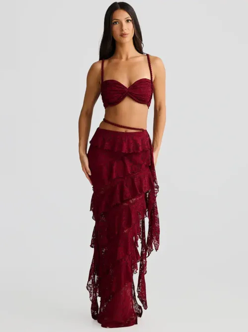 Summer Lace  Two Piece Sets  Fashion Strapless Crop Tops And Maxi Skirt  Elegant Beach  2 Piece Set