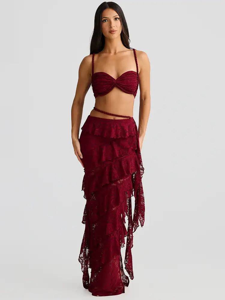 Summer Lace  Two Piece Sets  Fashion Strapless Crop Tops And Maxi Skirt  Elegant Beach  2 Piece Set