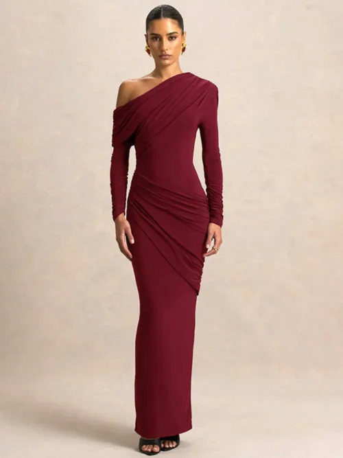 One Shoulder Long Sleeve  Maxi Dress   Elegant Skew Collar Backless Ruched Bodycon   Dress