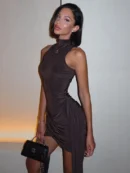 Turtle Sleeveless  Mini Dress For  Fashion Irregular Ruched Tank Dress Femme Elegant   Dress