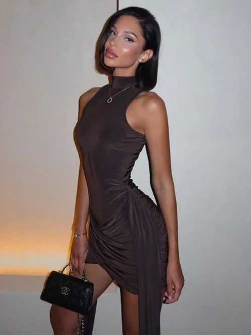 Turtle Sleeveless  Mini Dress For  Fashion Irregular Ruched Tank Dress Femme Elegant   Dress