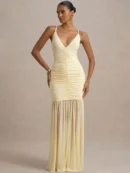 Spaghetti Strap Backless  Maxi Dress   Fashion Patchwork Off-shoulder V  Ruched Pleated  Dress