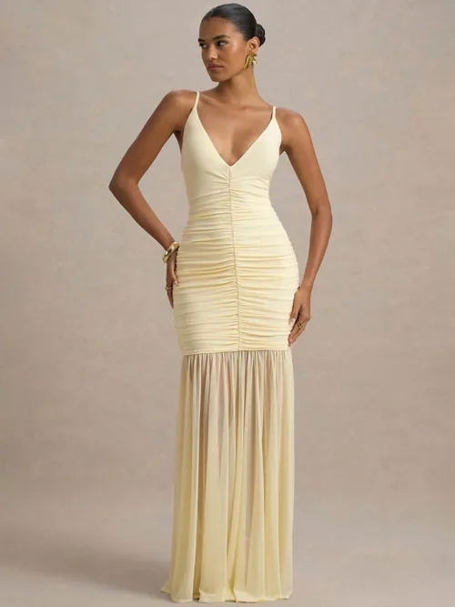 Spaghetti Strap Backless  Maxi Dress   Fashion Patchwork Off-shoulder V  Ruched Pleated  Dress