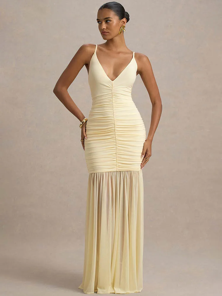 Spaghetti Strap Backless  Maxi Dress   Fashion Patchwork Off-shoulder V  Ruched Pleated  Dress