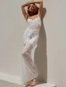 Lace Draped Ruched  Maxi Dress  Summer Patchwork Halter Sleeveless Backless Bodycon  Long Dress Elegant