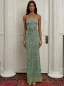 Sequin Strapless High Split  Maxi Dress  Elegant Off-shoulder Sleeveless Backless Sparkle Floor Length Dress - green, S