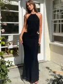 Halter Backless  Maxi Dress  Elegant Lace-up Sleeveless  Bodycon Ruched