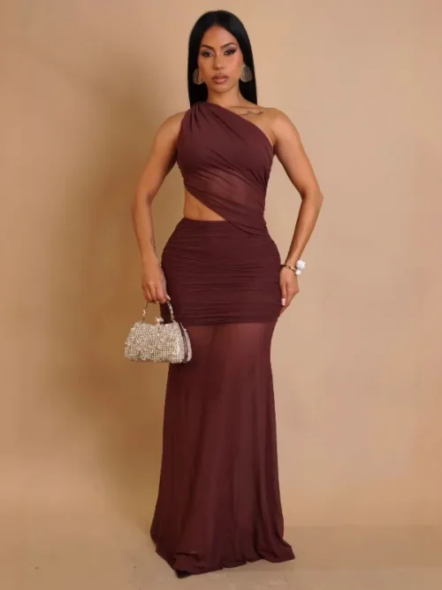 One Shoulder Mesh Maxi Dress