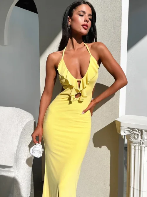 Halter Ruffle Backless Maxi Dress