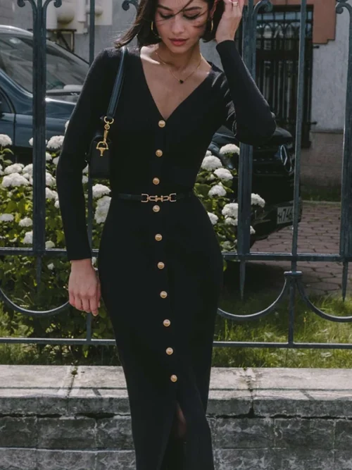 Fall Winter Knitted Button Sweaters Midi Dress Elegant s Long Sleeve Split Bodycon Cardigan Dress Clothes