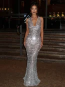 Sparkle Backless  Maxi Dress For  Fashion Halter   Sleeveless Glitter Slim  Evening Long Dress