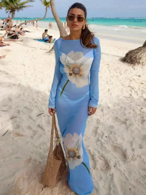 Mesh   Print Maxi Dress  Summer Fashion Long Sleeve Lace-up Backless Beach   Long Dress