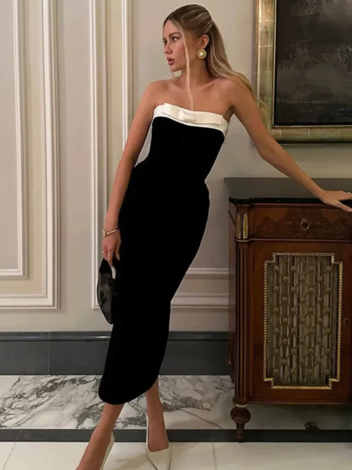 Off-shoulder Strapless Backless  Maxi Dress For  Patchwork Sleeveless  Bodycon Split Long Dress