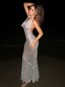 Silver Sequin Backless Maxi Dress