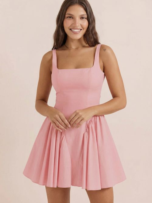 Elegant Backless Bow Mini Dress For  2023 Autumn  Square Collar Sleeveless Ruffles  Dress Vintage Fashion