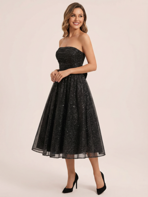 Off-shoulder Backless Bow  Maxi Dress For  Strapless Sleeveless A-line  Pleated  Long Dress wear