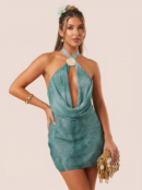 Blue Cut Out Halter Printed Mini Dress