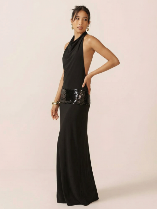 Black Sequin Backless Long Maxi Dress