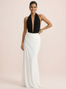 Halter Backless  Maxi Dress  Patchwork   Sleeveless  Ruched Split