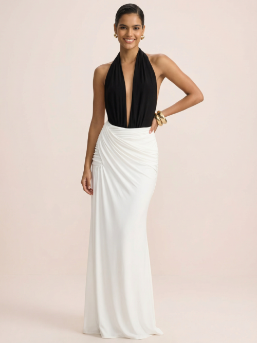 Halter Backless  Maxi Dress  Patchwork   Sleeveless  Ruched Split