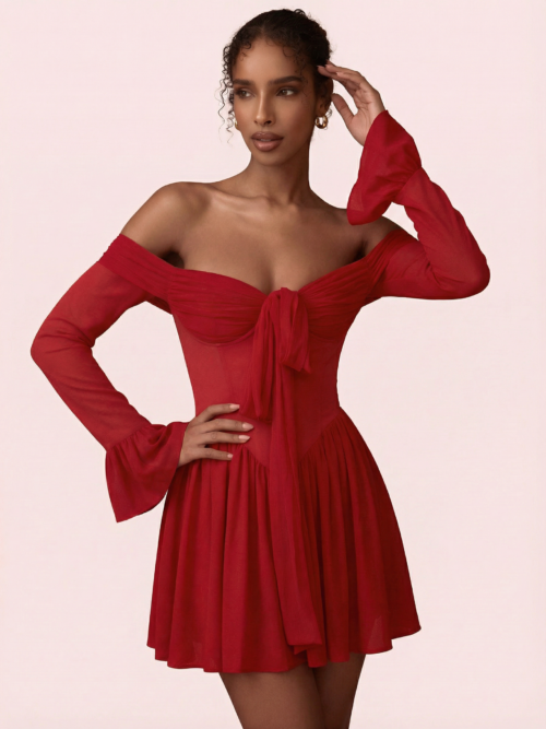 Red Off-shoulder Elegant Strapless Backless Mini Dress