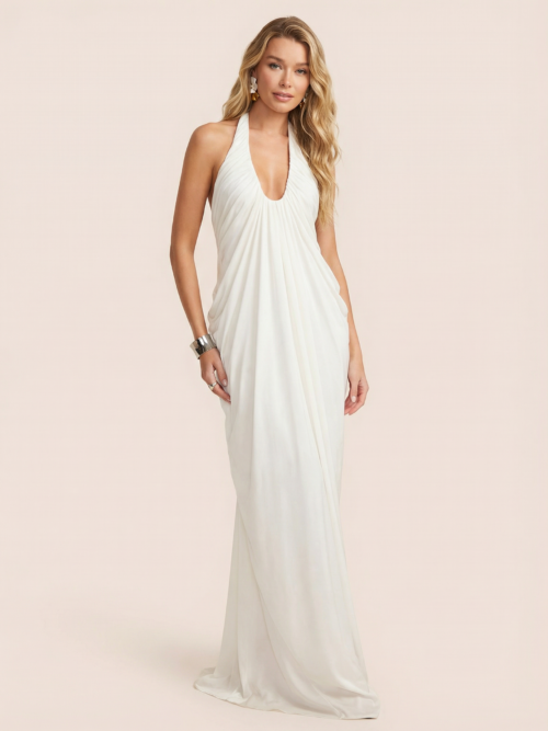 Mesh Halter Backless  Maxi Dress   Fashion Elegant V  Sleeveless Pleated   Long Dress