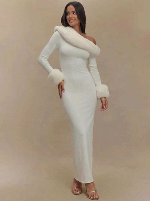 White Faux Fur Long Sleeve Maxi Dress