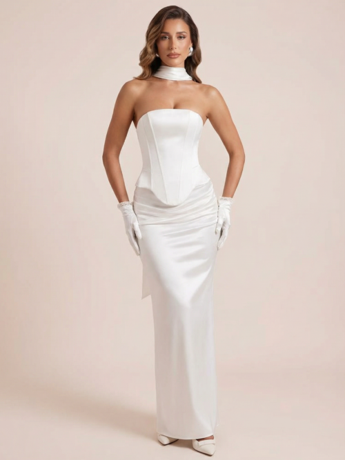 Two Piece Set Strapless Ribbon Crop Top And Midi Skirt