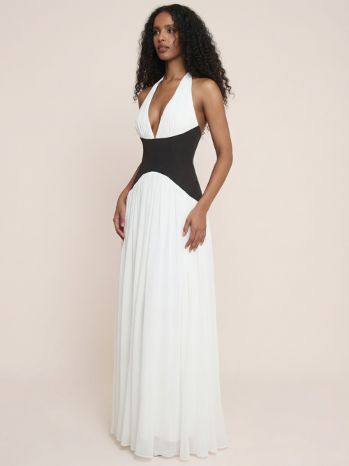 Halter  Backless Maxi Dress   Fashion Patchwork Sleeveless