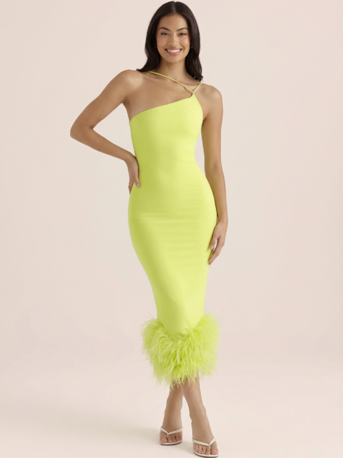 Elegant Spaghetti Strap Feather Midi Dress For   Fashion  Backless Bodycon   Dress Vestido