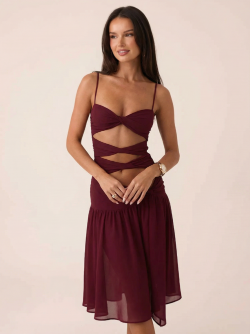 Burgundy Cut Out Split Spaghetti Strap Maxi Dress