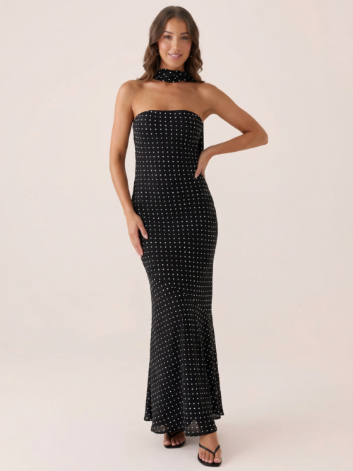 Polka Dot Strapless Scarf Maxi Dress
