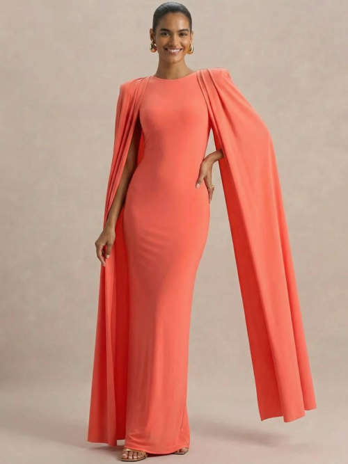Cape Sleeve  Maxi Dress   Elegant Fashion Zipper O   Split