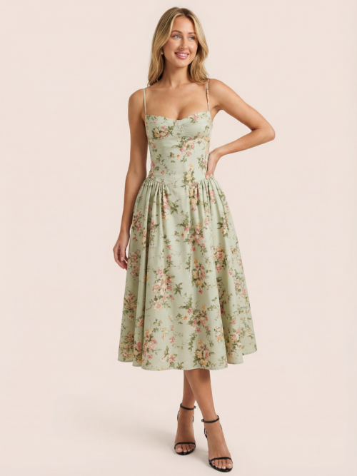 Floral Printed Spaghetti Strap  A-line Midi Dress