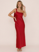 One Shoulder Backless  Maxi Dress   Satin Skew Collar Sleeveless Thigh High Split   Long Dress