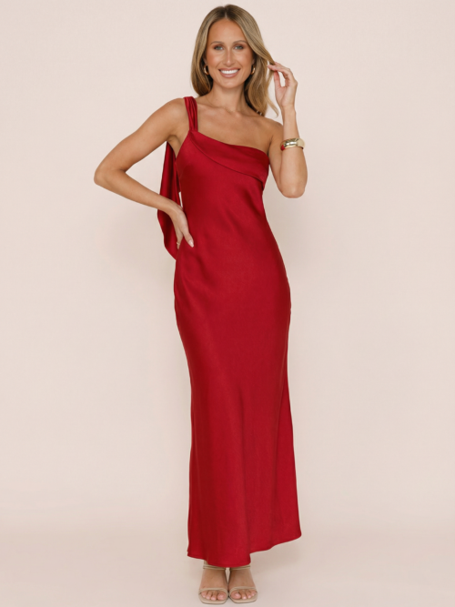 One Shoulder Backless  Maxi Dress   Satin Skew Collar Sleeveless Thigh High Split   Long Dress