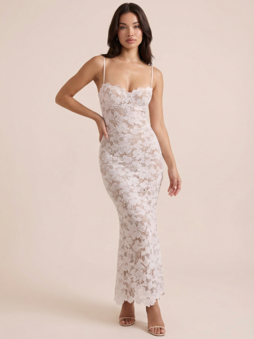 Floral Embroidery  Maxi Dress For  Fashion Spaghetti Strap Sleeveless Backless Lace-up