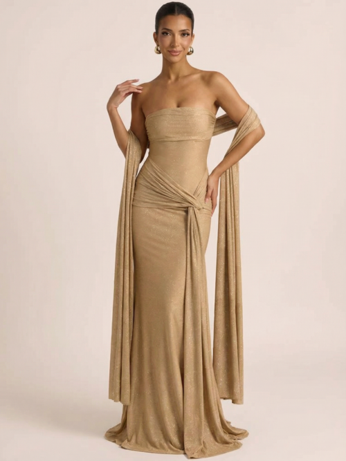 Sparkle Strapless Draped Maxi Dress  Elegant Sequin Off-shoulder Sleeveless