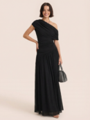 Incline Shoulder Backless  Maxi Dress  Summer  Fashion Sleeveless Pleated Ruched   Long Dress