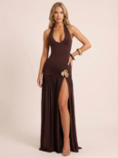 Elegant Backless  Maxi Dress Set  Halter  And Maxi Skirt Matching Set  Ruched Split Dress Sets