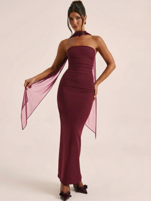 Strapless Scarf Off Shoulder Bodycon Maxi Dress