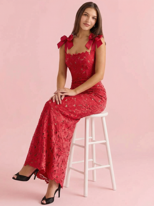 Bow Elegant Print Lace Maxi Dress