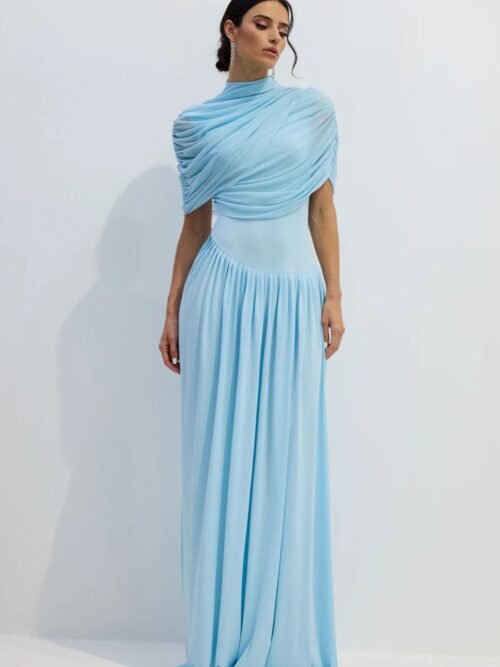 Blue Elegant Draped Shoulder Maxi Dress