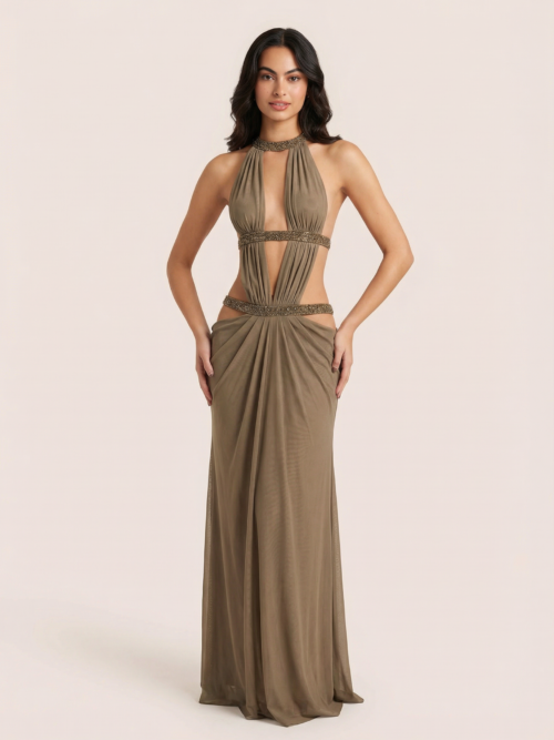 Brown Sequin Halter Cut Out Backless Maxi Dress
