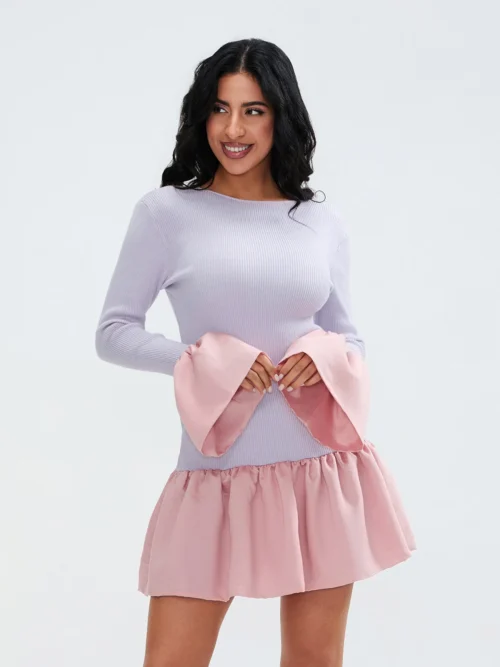 Ruffles Hem Long Sleeve Round Neck Mini Dress