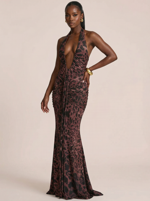 Leopard Print Halter Maxi Dress